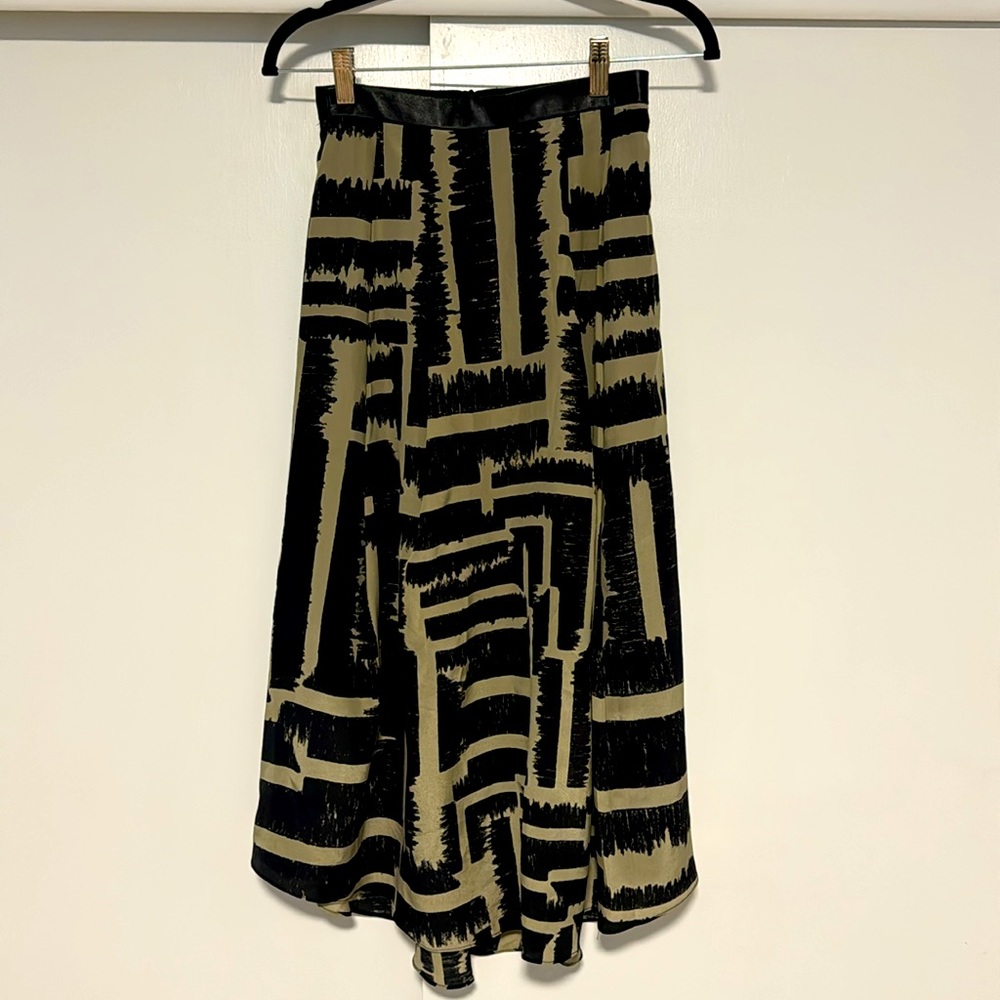 Hunter Bell Silk Midi Skirt Black & Tan Size 0 - lamb Leather waistband - gorg!